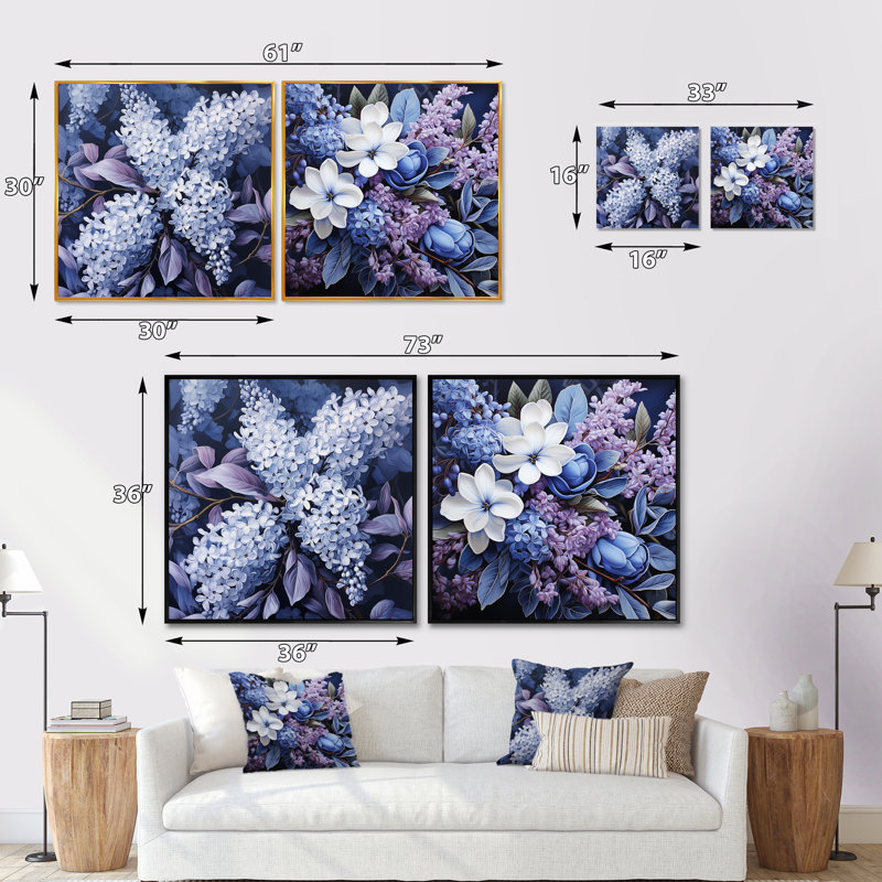 Jardin bleu de lilas - ensemble de 2 collages carrés lilas, Cadre flottant doré, H 36 po x l 73 po