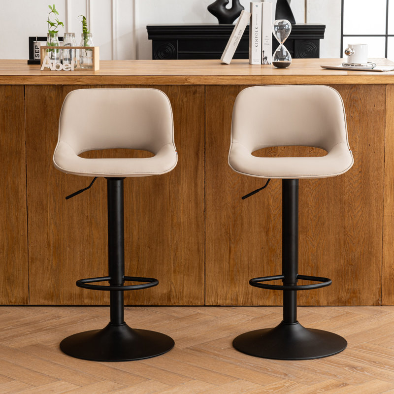 Swivel Adjustable Height Bar Stools, Faux Leather Upholstered Counter Stools, Modern Pub Stools, Khaki Seat/ Black Frame