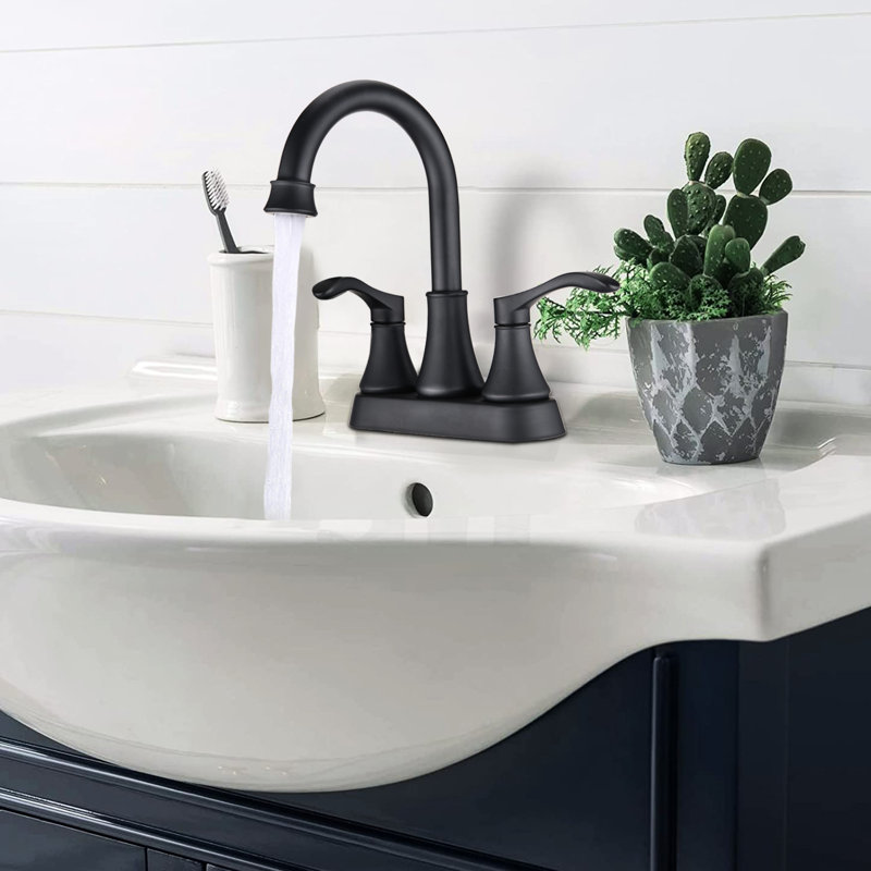 Robinet de salle de bain 4 pouces - Finition noir mat, Bec rotatif à 360 ° avec bonde escamotable, Fabrication en métal robuste, Résistant à la rouille, Écoulement de bulles d'eau doux, Disque en céramique goutte à goutte, Poignées doubles élégantes pour