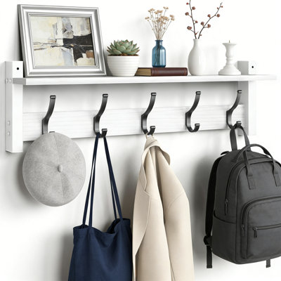 24-Inch Wall-Mounted Coat Rack With Shelf And 5 Hooks, White