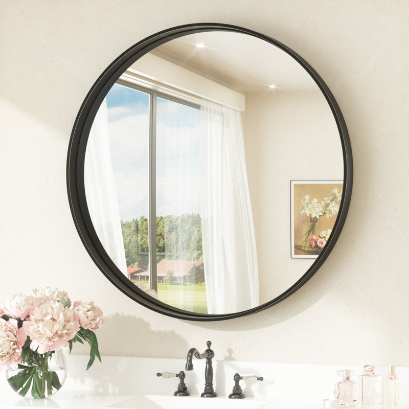 Puttnam Modern Round Bathroom Mirror with 2" Aluminum Alloy Frame, Shatter-proof Film, French Cleat Mounted, Black, 30" x 30"