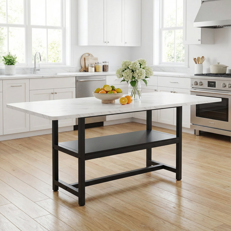 Table de salle à manger extensible moderne avec tablette de rangement intégrée et plateau de table blanc texturé, Blanc