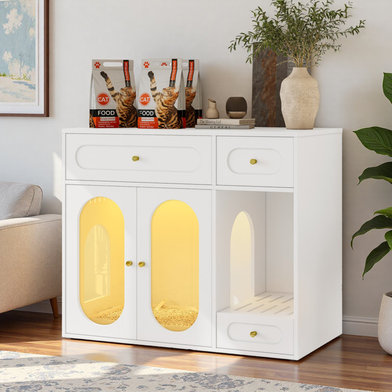 Enceinte de litière pour chat avec lumière DEL, tiroirs de rangement et portes en acrylique, Blanc