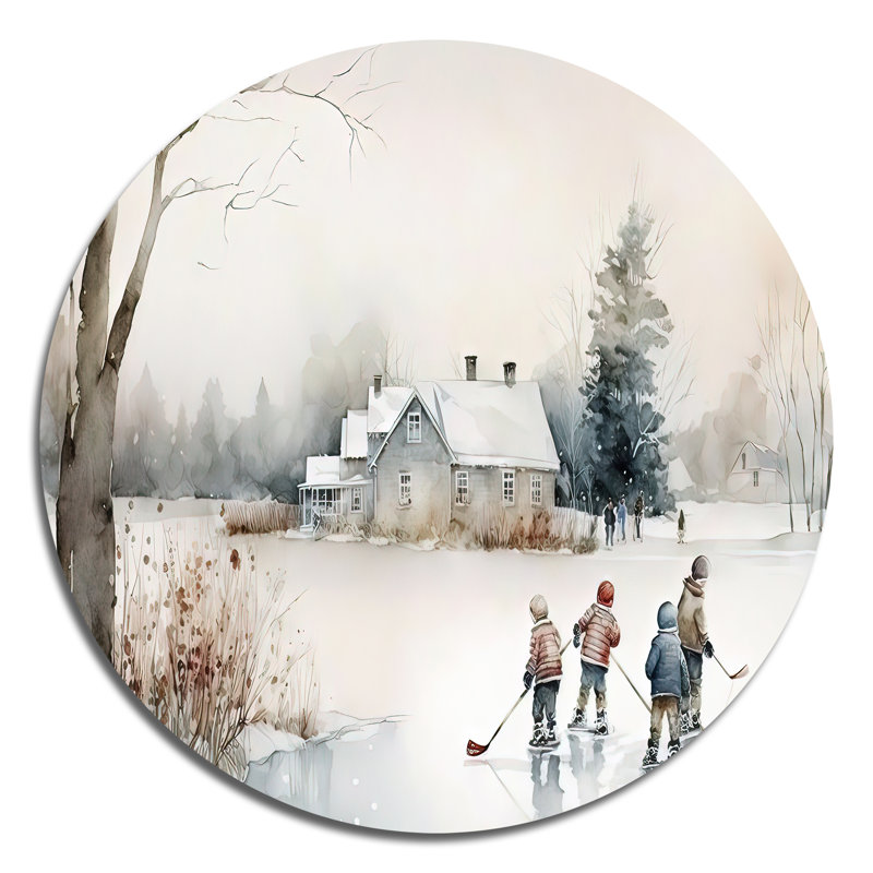Enfants jouant au hockey en hiver II - Art rond en métal, H 36 po x l 36 po