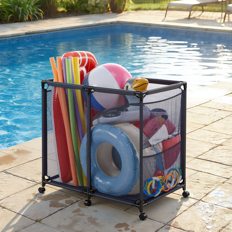Pool Storage Bin, 36.8 x 24 x 35.6 in, Rolling Pool Float Storage Organizer with Side Pockets & Casters, Heavy Duty Metal Frame, Poolside Toys Noodles Holder Mesh Basket for Swimming Pools
