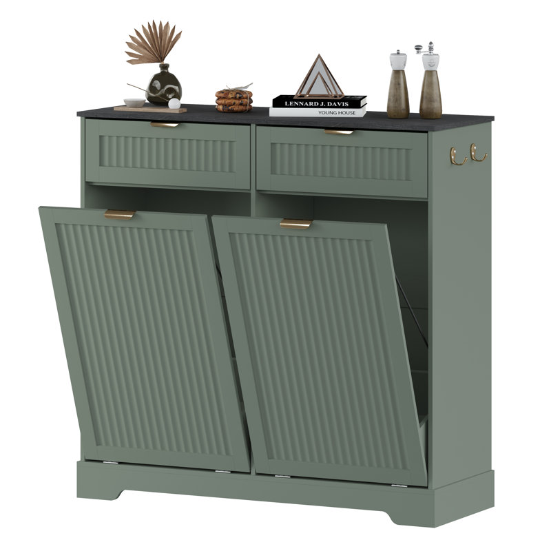 Armoire à poubelle double basculante de 13 gallons avec tiroirs et crochets, 2 x 13 gallons, Vert