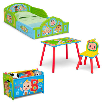 Ensemble de chambre 4 pièces - Comprend un lit pour tout-petits, une table, une chaise et un coffre à jouets, Cocomelon