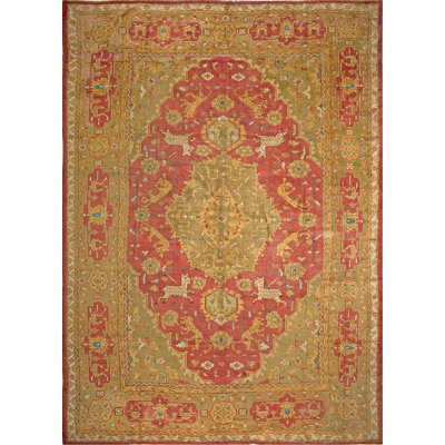 Large Room Size Antique Animal Design Red and Green Colour Turkish Oushak Rug