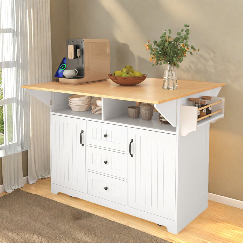 55.75"W Kitchen Island With Leaf And Locking Wheel, White
