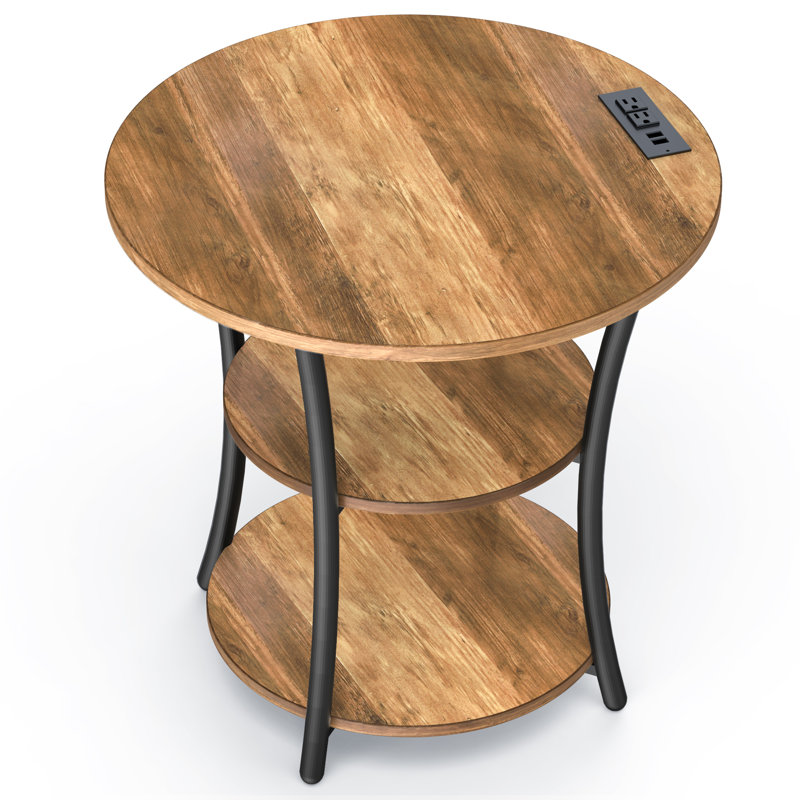 Ensemble de tables de bout rondes 2 pièces avec ports de charge USB, Rustic Oak