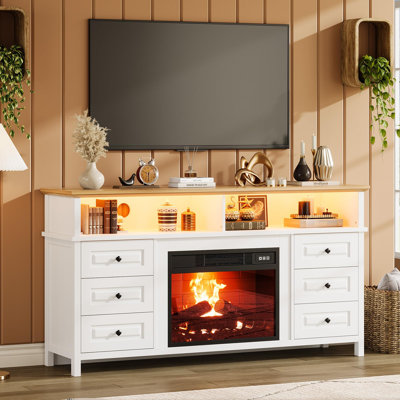60" Fireplace TV Stand for TVs up to 65", Farmhouse Entertainment Center with 23" Electric Fireplace & LED Lights