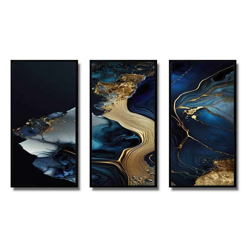 Géode abstraite, marbre doré et bleu V - ensemble d'art mural sur toile abstraite en marbre, Cadre flottant noir