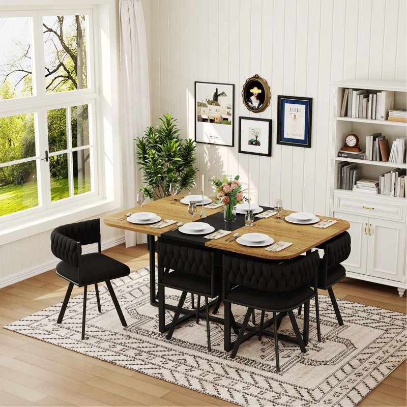 Ensemble de table de salle à manger 7 pièces pour 6, 1 table et 6 chaises rembourrées en velours, table en mélamine grain de bois, ensemble de coin de cuisine moderne capitonné pour salle à manger, appartement et petit espace