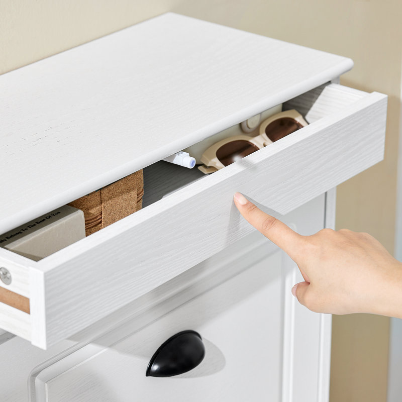 Moriah 12 Pair Shoe Storage Cabinet, White Vintage Wood Grain Effect/Black