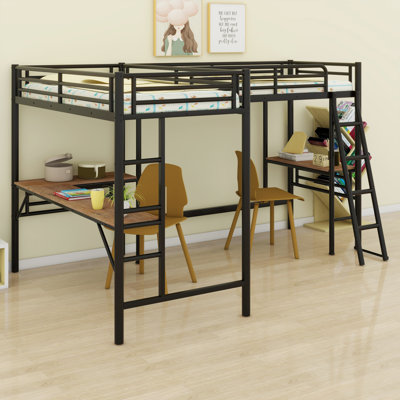 Industrial Metal Loft Bed Featuring Two Attached Desks