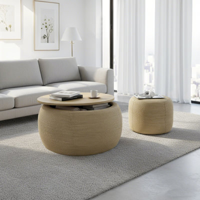 Modern Fabric Storage Stool Set, Includes Round Stool + Storage Stool