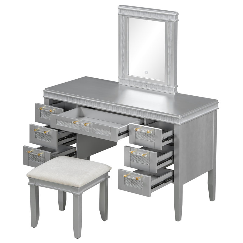 Vanity Desk with Mirror and Lights, Makeup Vanity with Drawers and Cushioned Stool, Grayish Blue