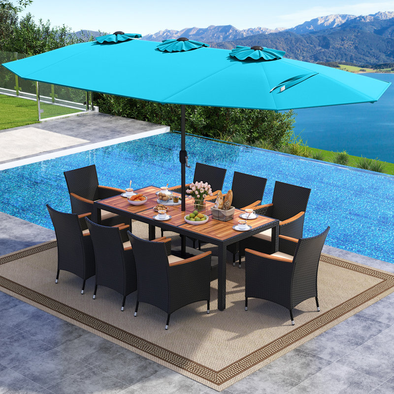 Ensemble de 11 chaises de patio en osier avec parasol double face et 8 chaises empilables, Bleu, Brun