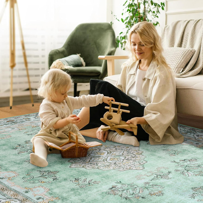 Large Oriental Floral Living Room Rug Washable Bedroom Rug Non-Slip Colorful Vintage Accent Floor Carpet For Home Decor