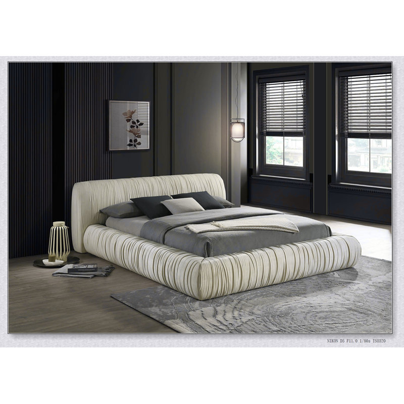 Platform Style Contemporary Pleated Upholstered Bed Ivory Color Fabric 1Pc Est Bed Bedroom