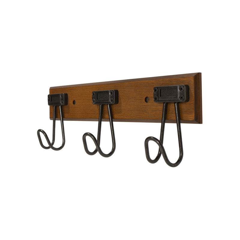 16'' Walnut and Black Metal Wall Mounted Hook Rack with 3 Hooks