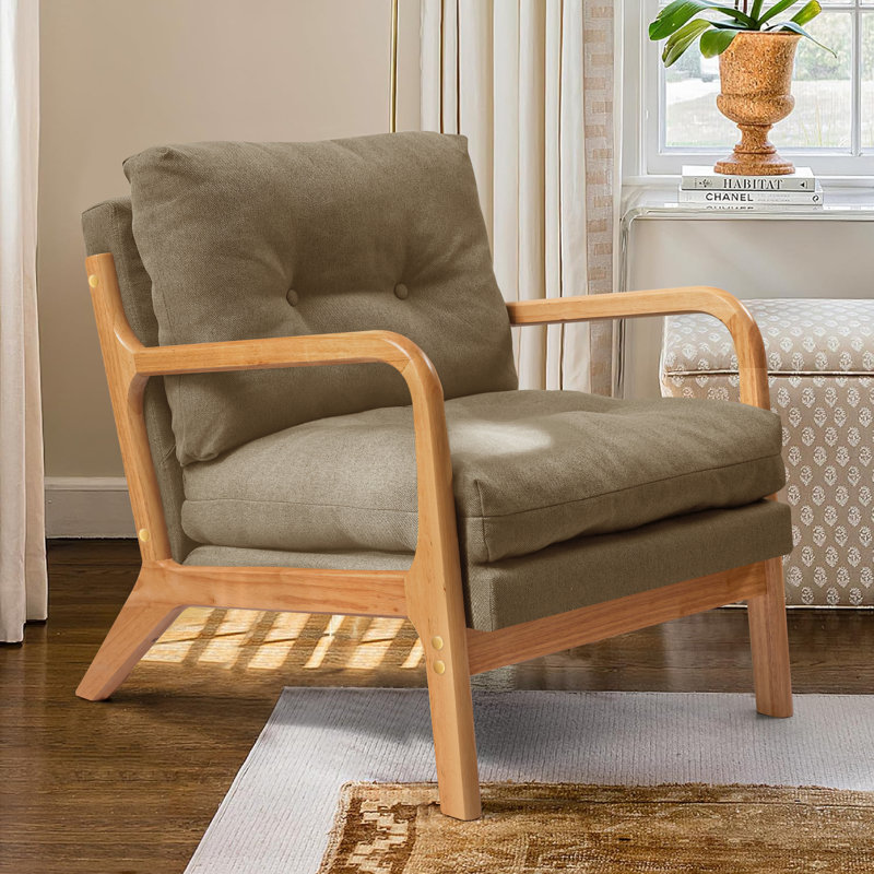 Cloud Comfort Cushion with Wooden Armrest Accent Chair, Brown 100% Linen