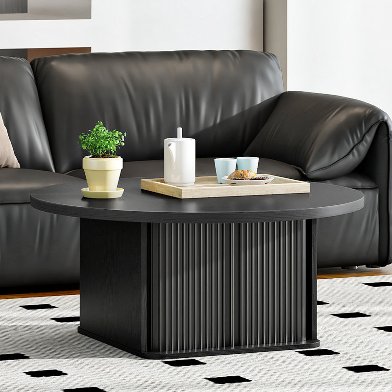 31.5" Modern Round Coffee Table with 360° Curved Sliding Door,Fluted Round Coffee Tables,Round Coffee Table with Storage