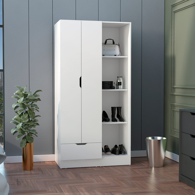 Armoire-penderie Memphis avec 4 tablettes de rangement et 1 tiroir, Blanc