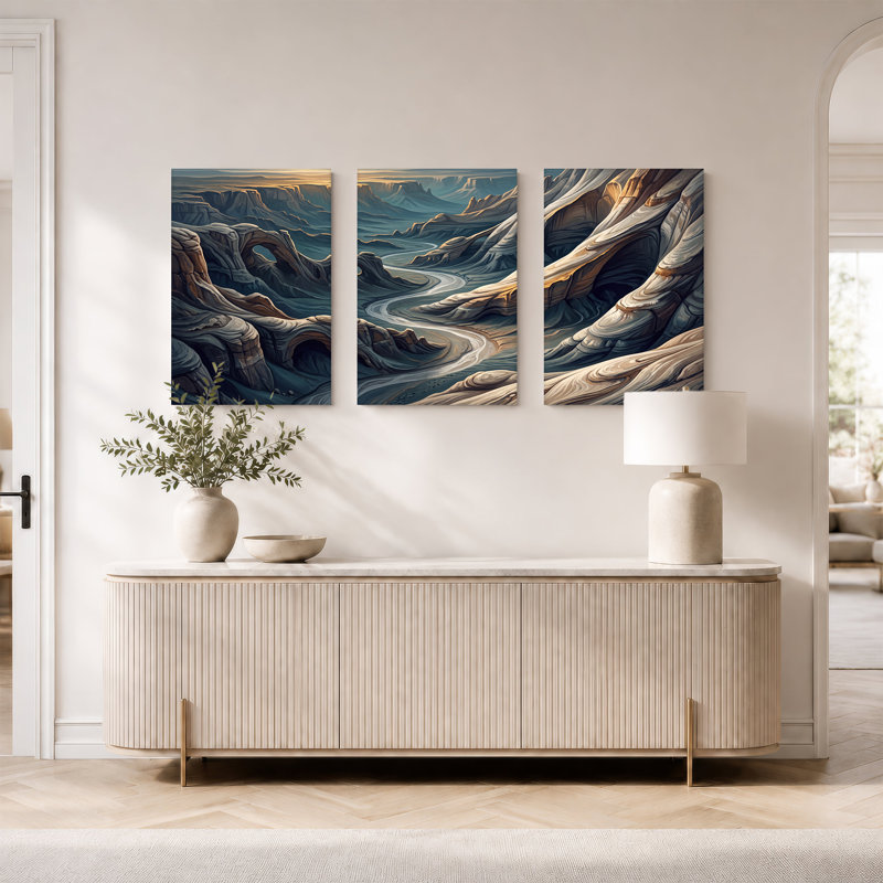 «Winding River Through Layered Blue and Tan Rock Canyons», ensemble de 3 toiles murales, H 18 po x l 12 po x 3 pièces