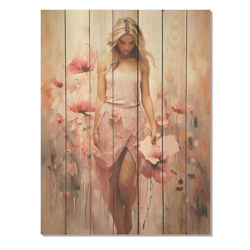Femme rose en ballet floral - ballet sur bois, H 32 po x l 24 po