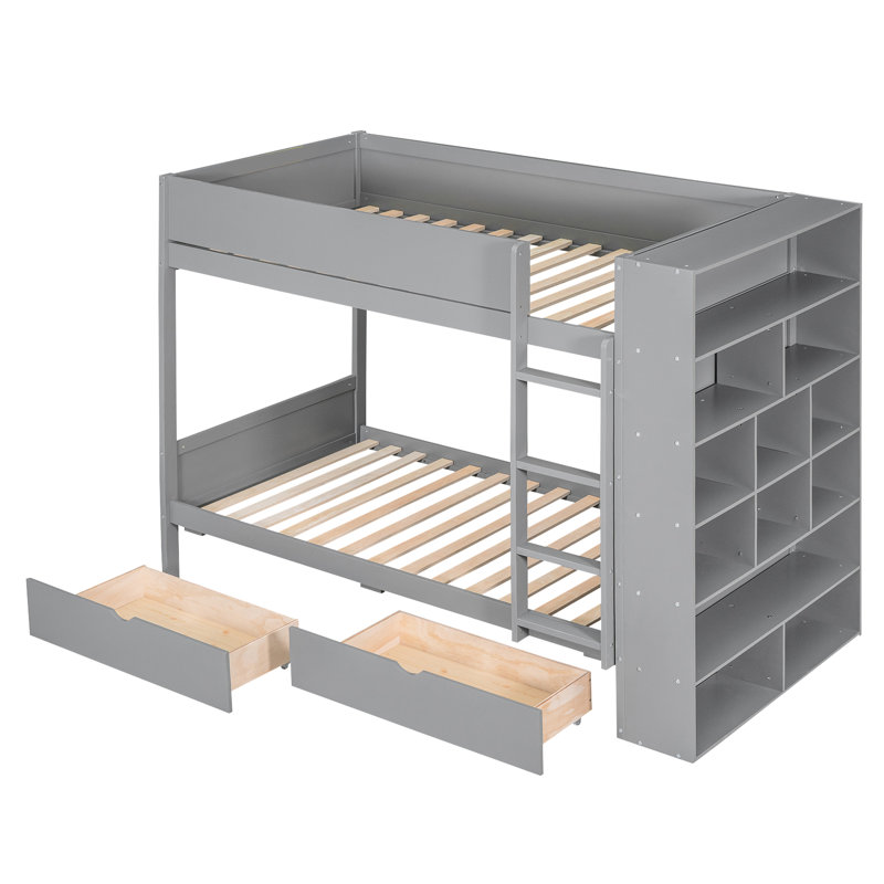 Lit simple superposé au-dessus de gris avec compartiments supplémentaires - 2 tiroirs et espace de rangement multi-couches pratique