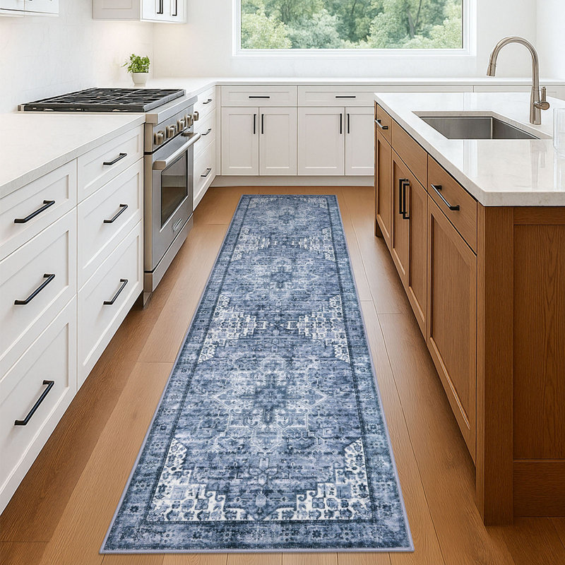 Tapis doux à imprimé médaillon avec envers antidérapant Tapis de salon bleu, Tapis de couloir 2 pi x 8 pi
