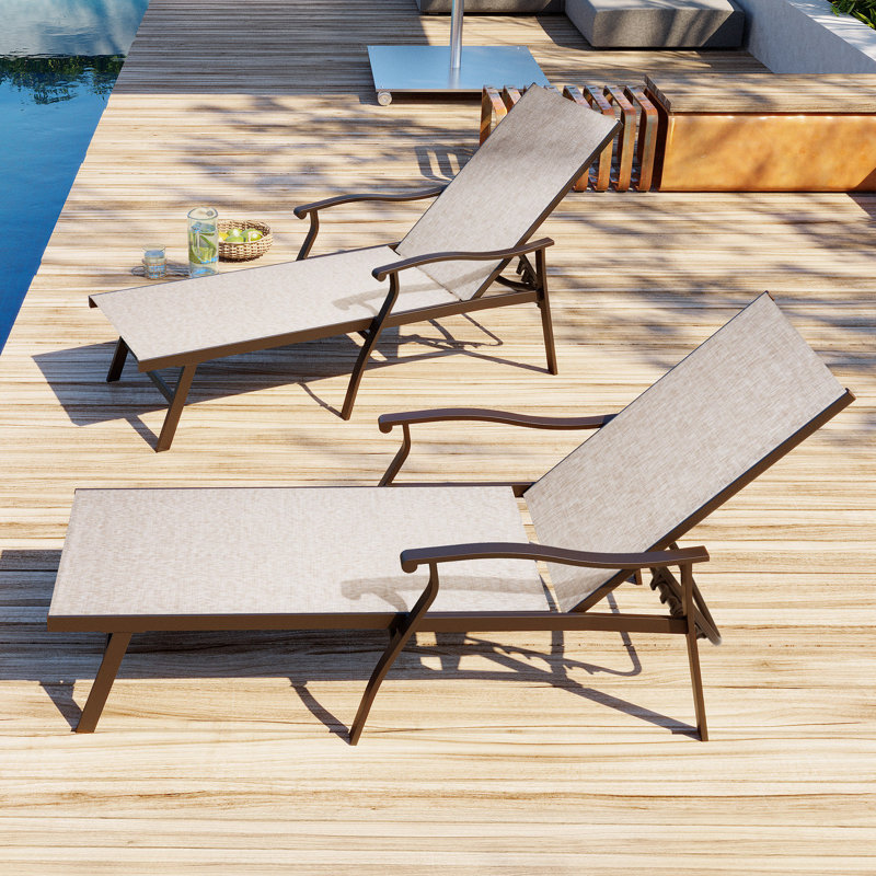 Chaise longue d'extérieur réglable en aluminium à 6 positions (ensemble de 2), Beige / noir