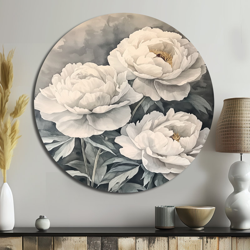 Kaileigha - pivoines rondes, impression sur métal gris traditionnel, H 36 po x l 36 po
