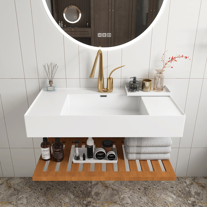 Wall-Mounted Floating White Rectangular Acrylic Integrated Basin With Striped Shelves Layer Bathroom Vanity In Dark Walnut