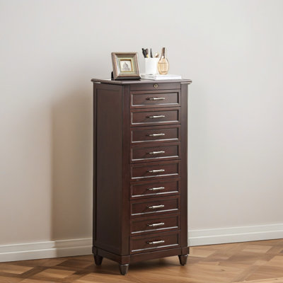 41inch Wooden Jewelry Armoire With Mirror, 9 Drawers, Side Cabinets And Velvet Lining – Vintage Brown Finish