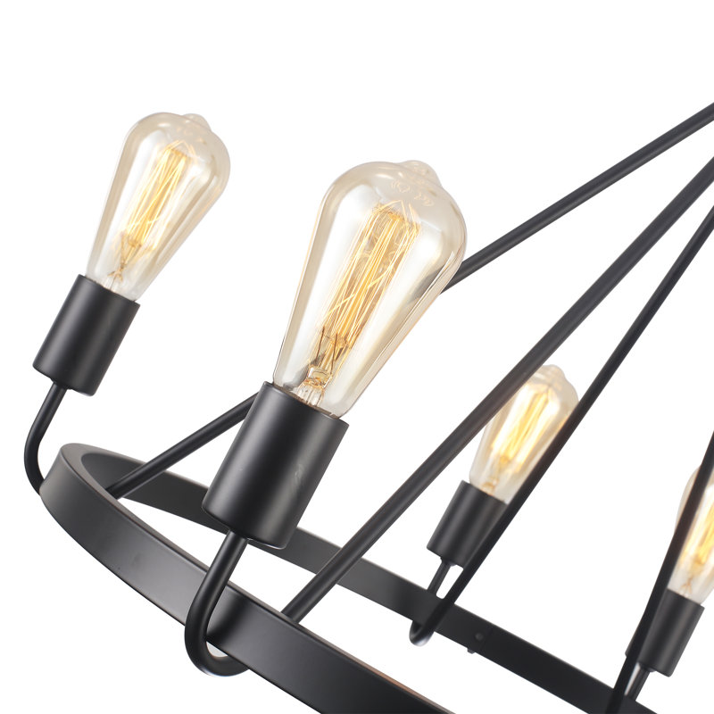  6- Light 26 inch Round Vintage Dimmable Candle Style Wagon Wheel Chandelier for Living Room, Foyer, Entryway, Matte Black