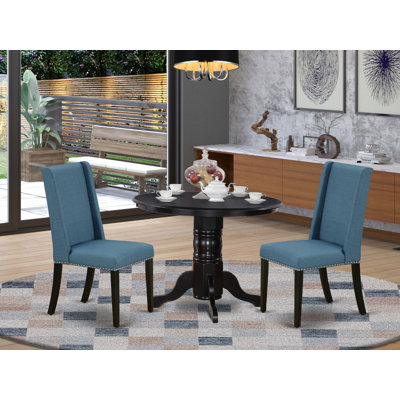 5 Piece Dining Room Table Set Includes a Round Kitchen Table with Pedestal and 4 Blue Linen Fabric Parson Dining Chairs, Black
