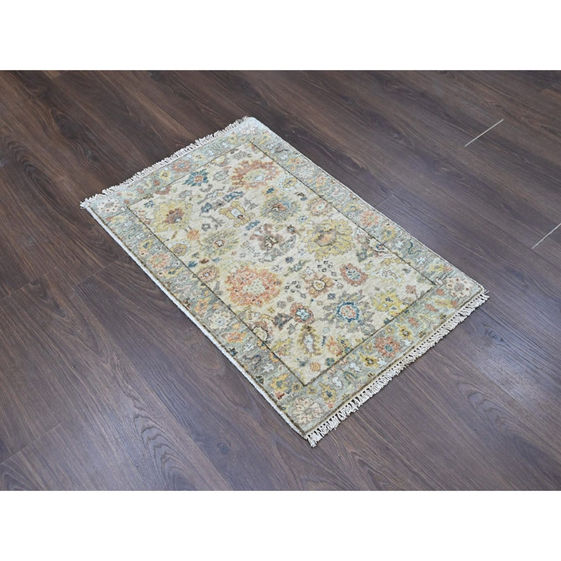 Tapis 2 pi x 3 pi beige, noué à la main, avec motif Oushak, tissage dense, épais et moelleux, laine pure, tapis, échantillon