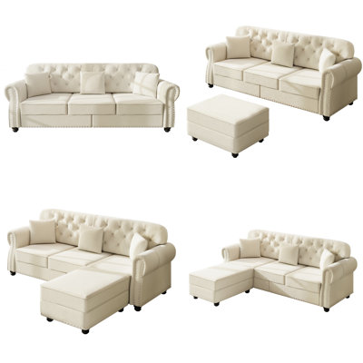 82.6" Upholstered Velvet L-Shaped Sectional Sofa with Ottoman, Mid-Century Modern Chesterfield Style, Button Tufted with Nailhead Trim & Rolled Arms, Includes 3 Pillows