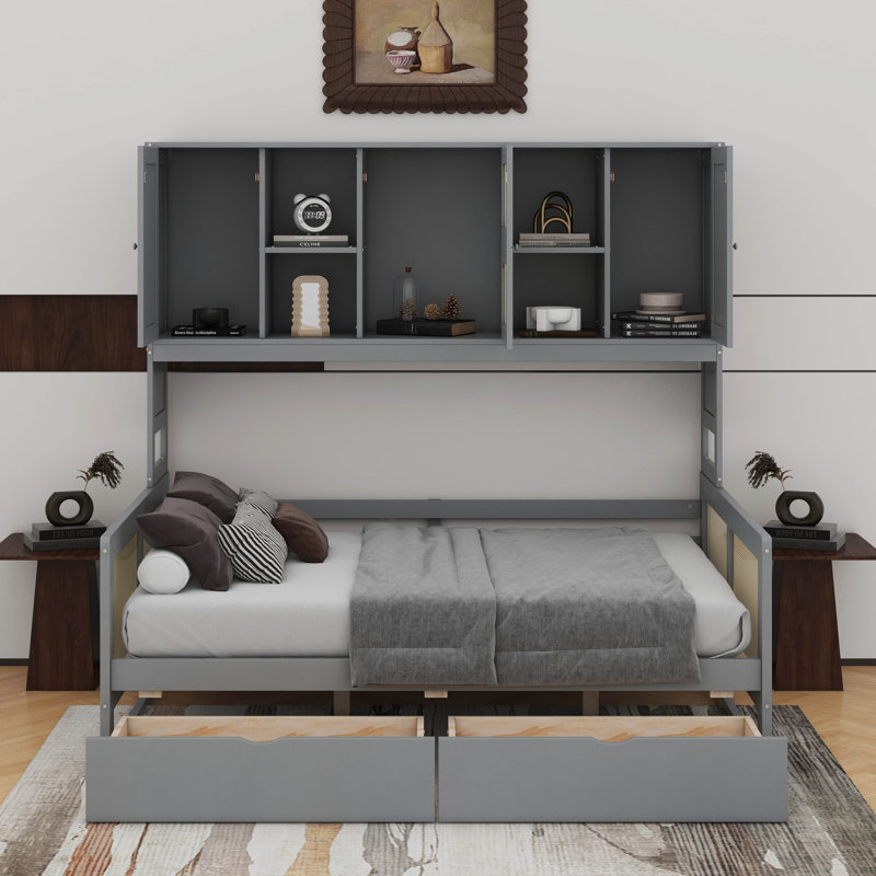 Lit de jour en bois avec 2 tiroirs et tablette, Gris, Lit double