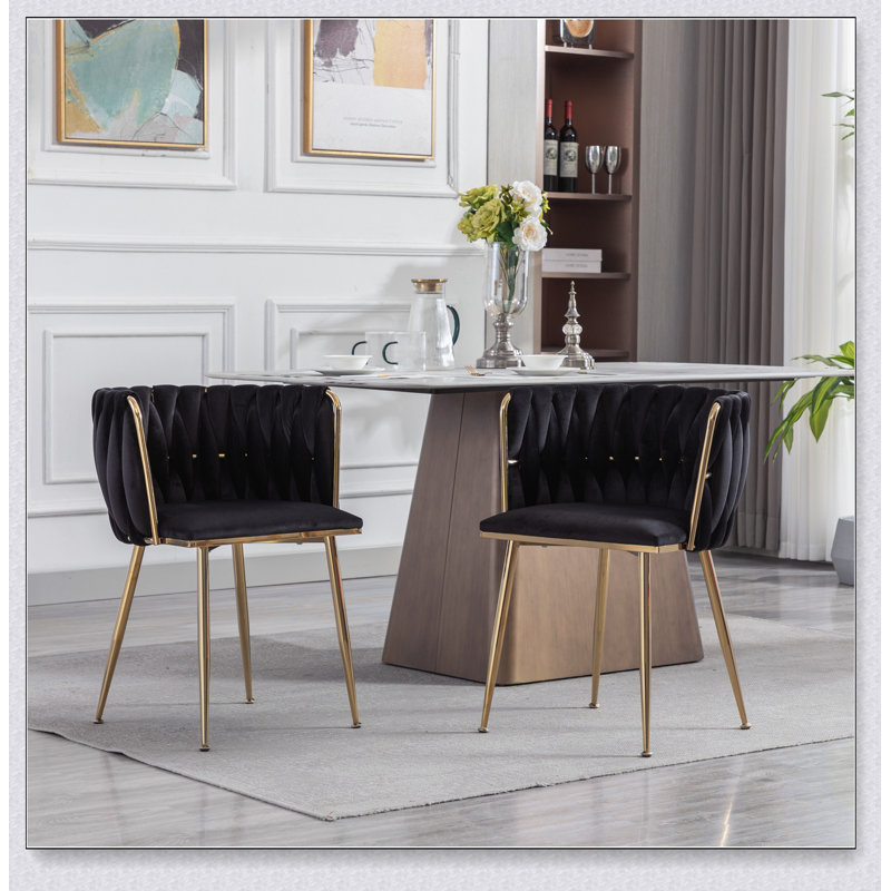 Chaise de salle à manger en tissu de velours doré avec pieds dorés, ensemble de 2