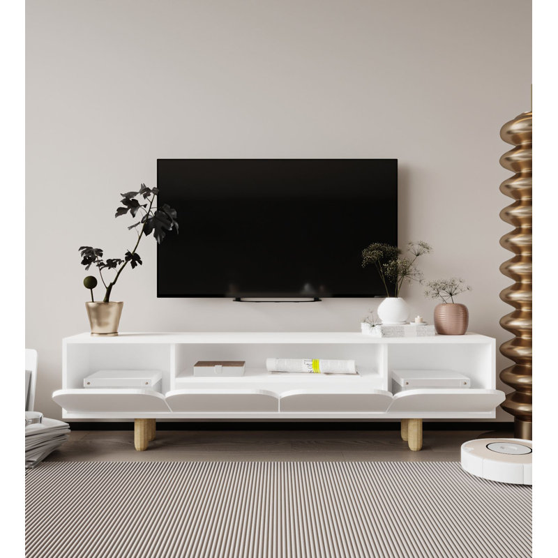 Meuble télé pour téléviseur de 78 po ou moins avec 4 portes arquées et pieds en bois, Blanc