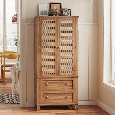 64" Tall Pantry Cabinet Rattan Storage Cabinet with 2 Doors, 2 Drawers & Adjustable Shelves, Pantry, Linen, Cupboard for Kitchen, Living Room, Entryway Walnut