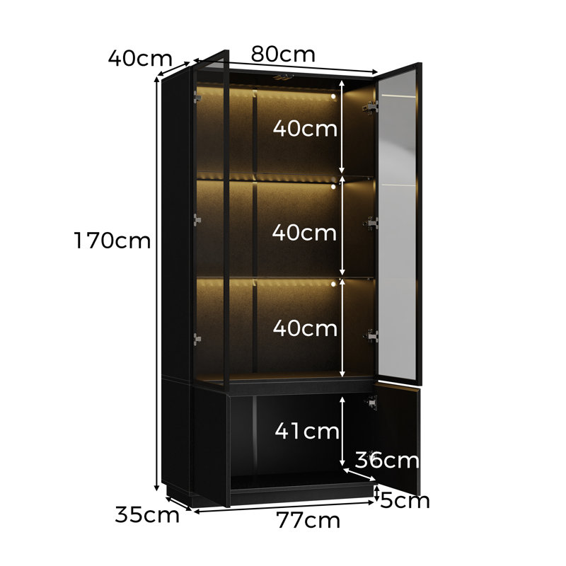 170cm Black Display Cabinet with Aluminium-Framed Glass Doors, 4-Tier Storage & Remote-Controlled LED Lighting