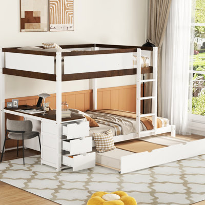 Lit superposé avec lit gigogne simple, blanc et noyer, ports de bureau, tiroirs cachés pour lit gigogne dans le lit, 2 et trois trous,
