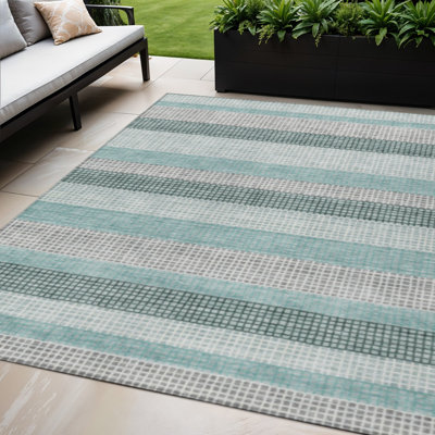 Tapis bleu sarcelle et ivoire à rayures 5 pi x 8 pi pour l'intérieur et l'extérieur