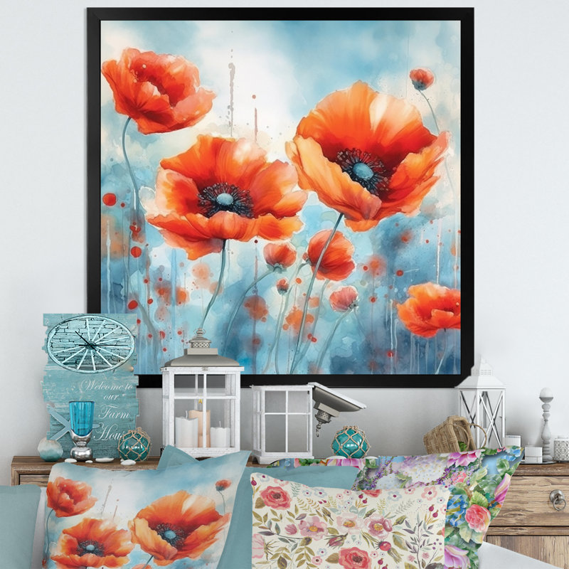 Corail vibrant coquelicots I sur toile, H 16 po x l 16 po x P 1 po, Cadre flottant noir