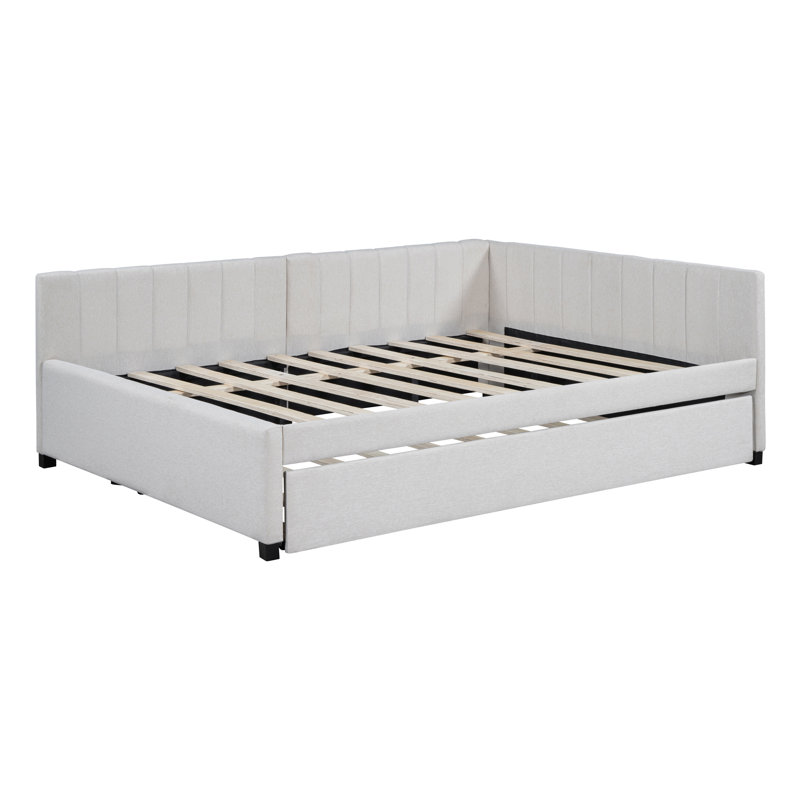  Upholstered Daybed with Trundle Sofa Bed Frame, No Box Spring Needed, Versatile and Modern, Ideal for Hosting or Everyday Lounging, Linen Fabric