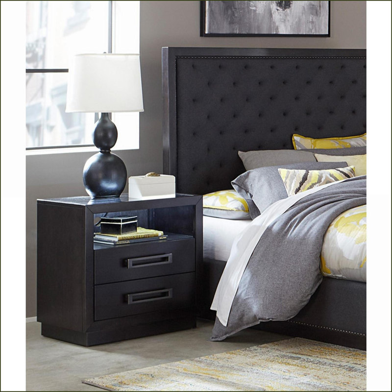 Table de chevet moderne gris anthracite avec 2 tiroirs, plateau en verre, ampoule DEL Ports USB